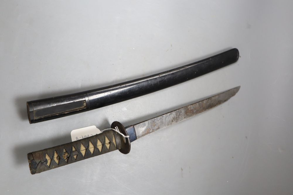 A Japanese tanto with gold damascened iron tsuba and mounts, overall length 60cm